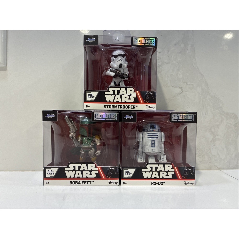 Disney Star Wars Metal Figs 3 Pc Set R2-D2 Boba Fett Stormtrooper Jada 2.5" (B2)